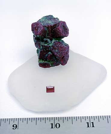 Small Faceted Longido Ruby with Large Ruby Crystal Cluster with Attached Green Zoisite photo image